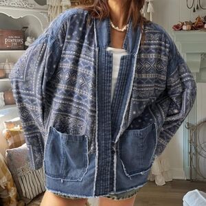 Blue denim Look  oversized bandana boho dolman Women's Jacket sz XL new